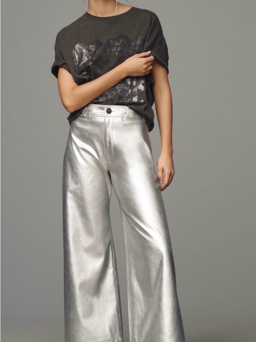 Wide-Leg Metallic Silver Pants